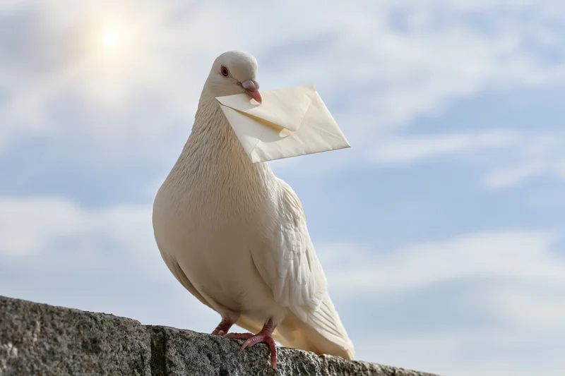 White carrier pigeon holding envelope perched on stone ledge under bright sky