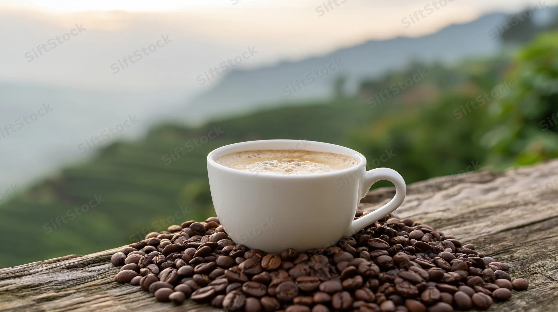 White ceramic coffee cup filled with espresso resting on coffee beans on a wooden table overlooking a green mountain landscape at sunrise