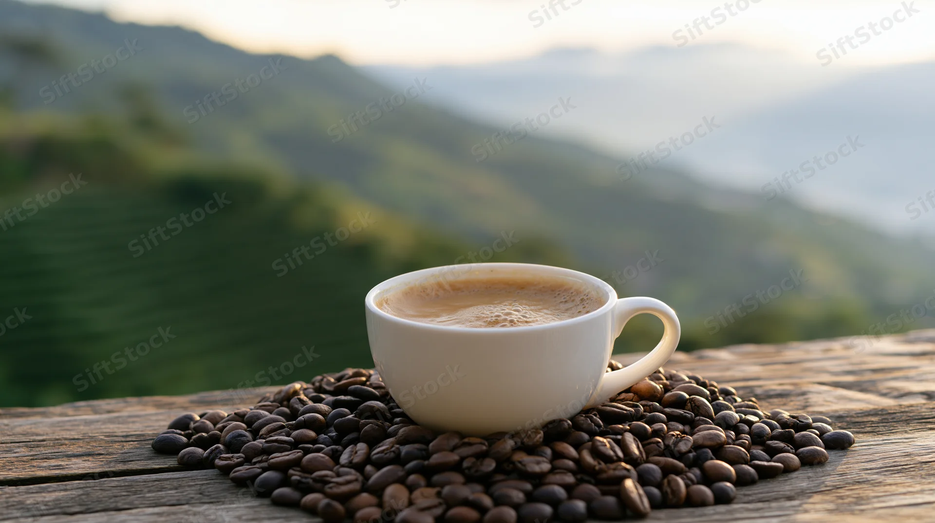 White ceramic coffee cup filled with espresso resting on roasted beans on a wooden table overlooking a misty mountain landscape at sunrise