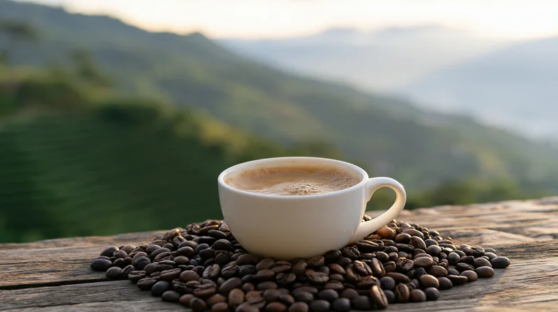 White ceramic coffee cup filled with espresso resting on roasted beans on a wooden table overlooking a misty mountain landscape at sunrise