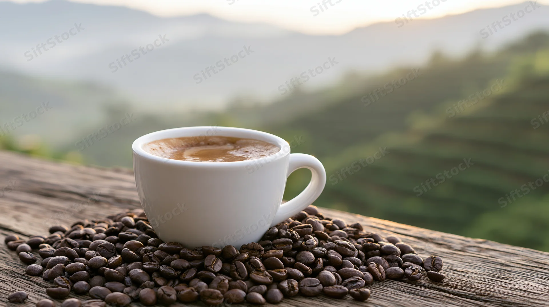 White ceramic coffee cup filled with espresso resting on coffee beans on a wooden table overlooking misty mountains at sunrise