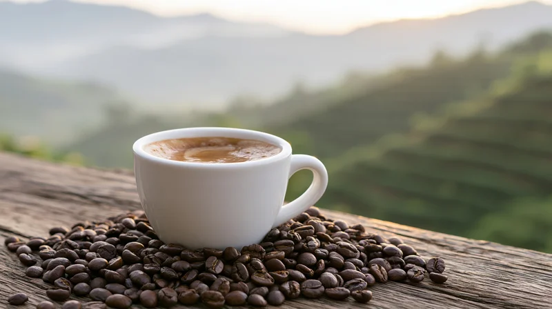 White ceramic coffee cup filled with espresso resting on coffee beans on a wooden table overlooking misty mountains at sunrise