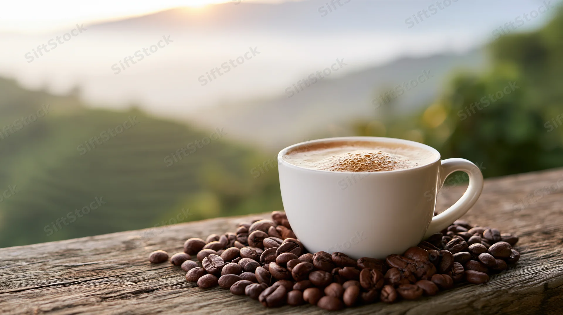 White ceramic coffee cup filled with espresso resting on roasted beans on a wooden table overlooking a misty mountain landscape at sunrise
