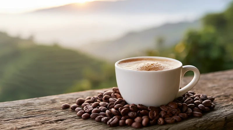 White ceramic coffee cup filled with espresso resting on roasted beans on a wooden table overlooking a misty mountain landscape at sunrise