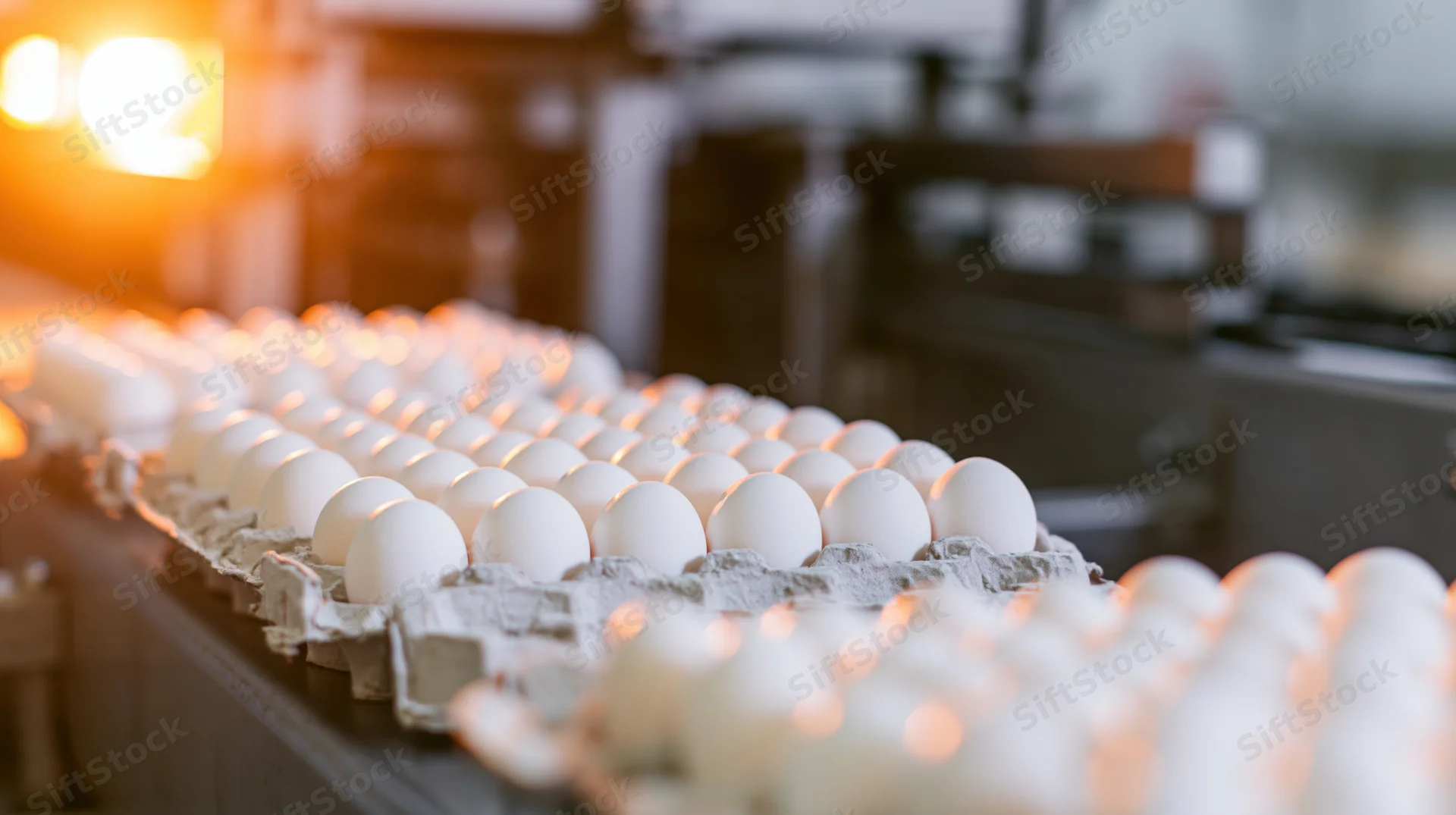 White eggs in cardboard trays moving along a conveyor in a food processing factory