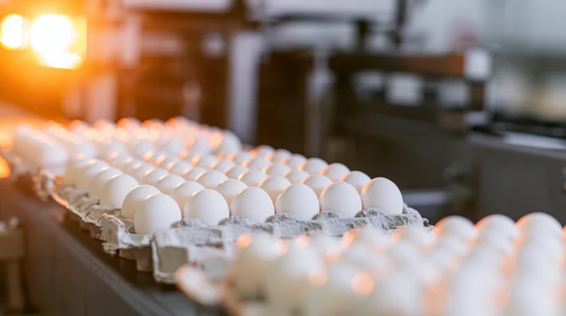 White eggs in cardboard trays moving along a conveyor in a food processing factory