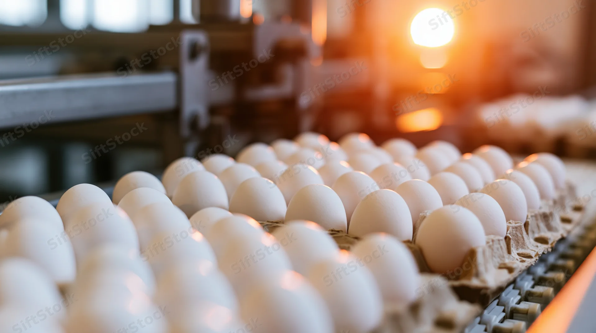 White eggs in cardboard trays moving along a conveyor belt in a food processing factory
