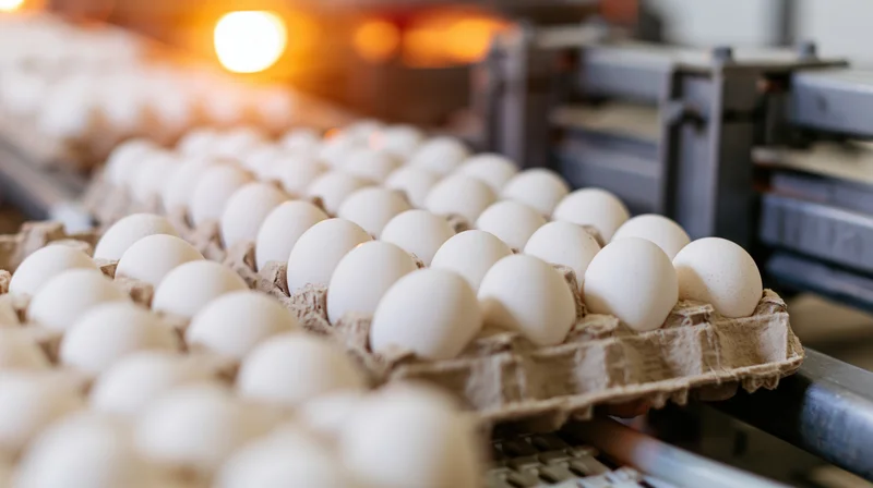 White eggs in cardboard trays moving along a conveyor belt in a factory