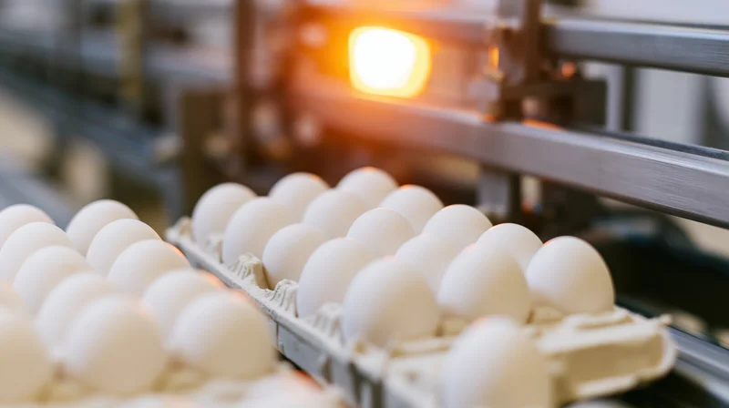White eggs in cardboard trays moving along an industrial conveyor belt in a food processing facility