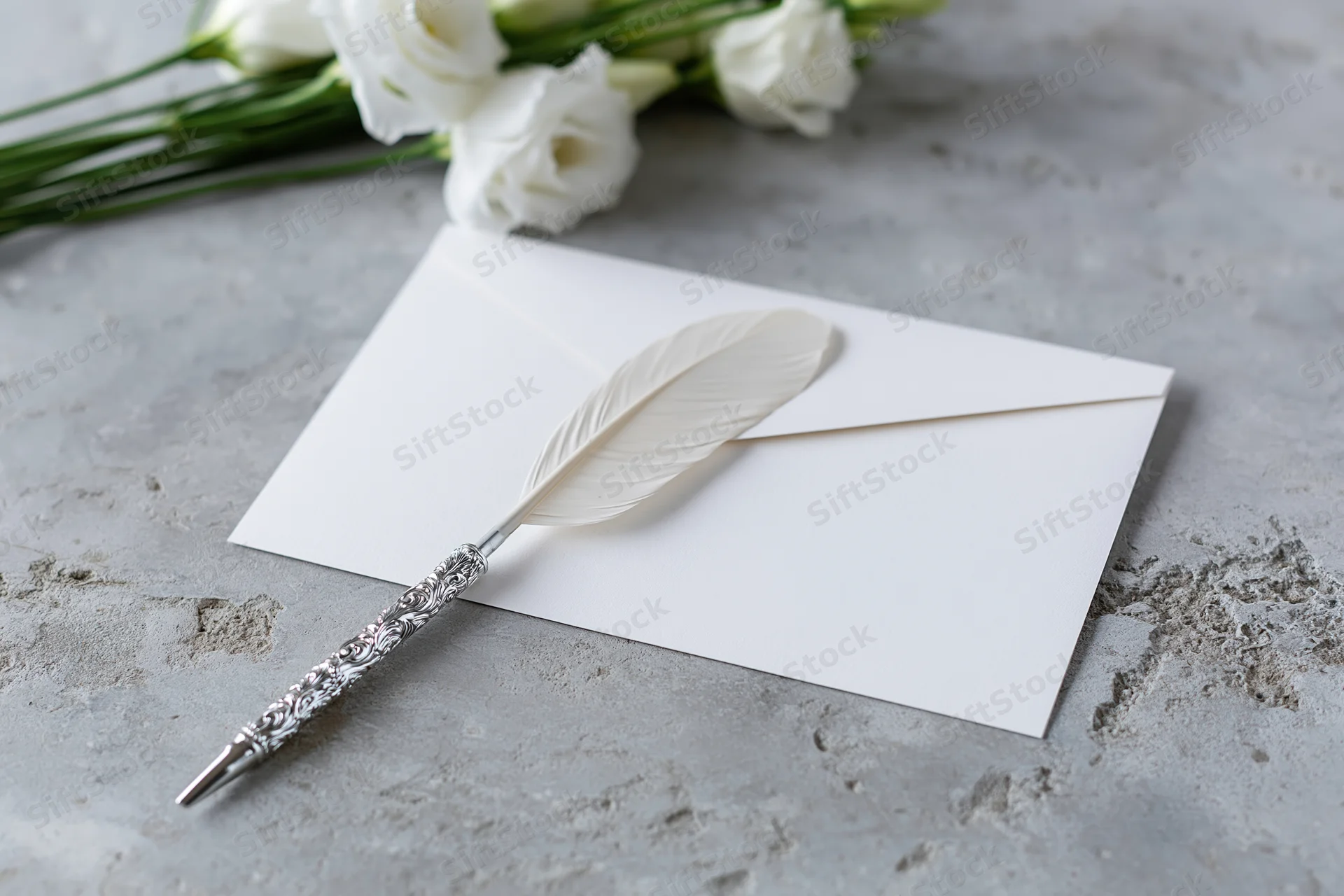 White envelope and blank card with feather pen on concrete surface