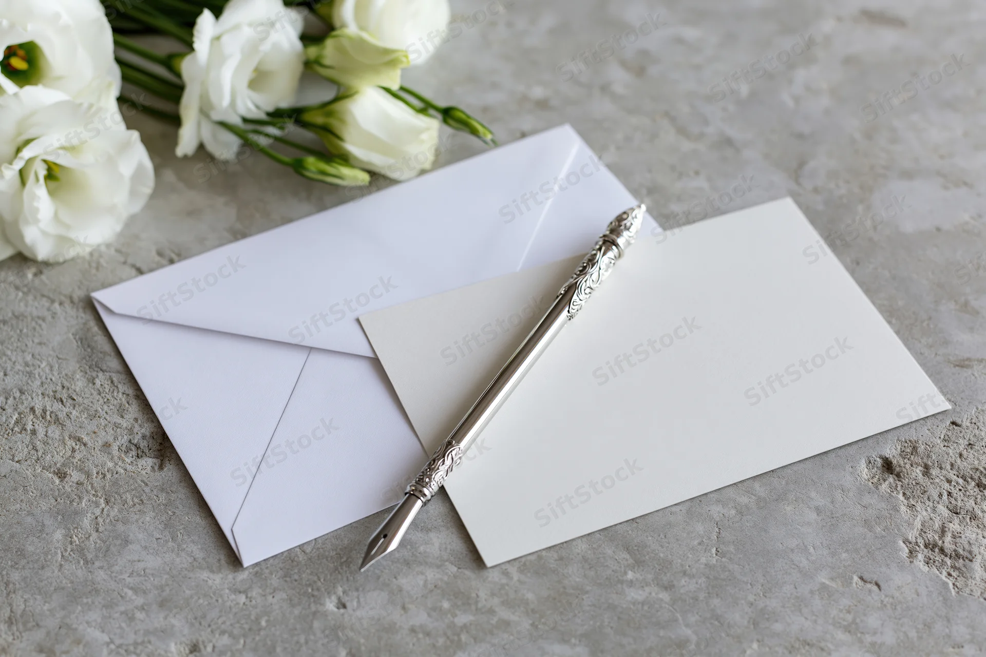 White envelope and blank card with silver pen and white flowers on concrete surface