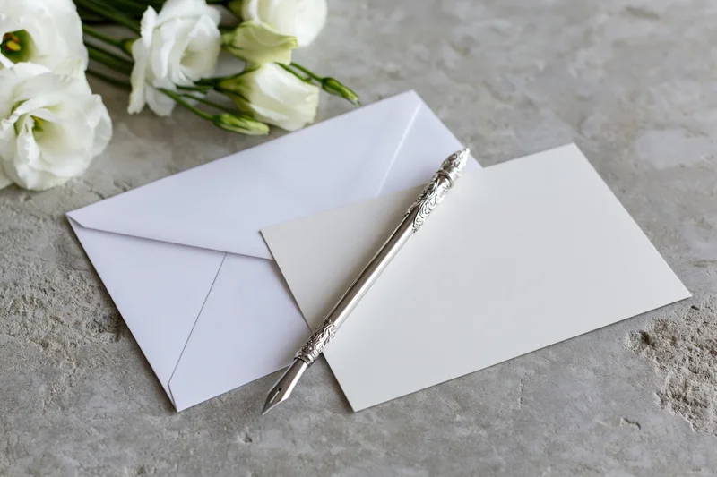 White envelope and blank card with silver pen and white flowers on concrete surface