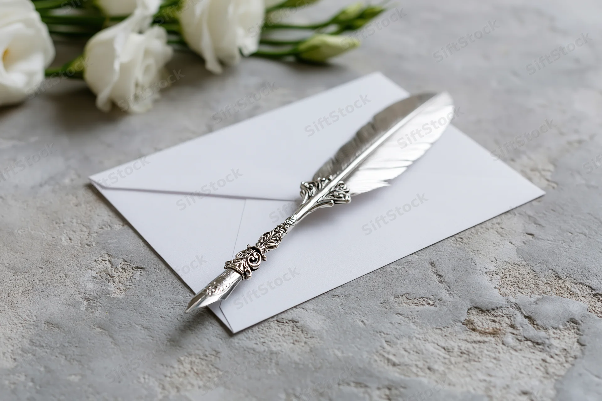 Ornate silver feather pen resting on white envelope with white roses on textured concrete surface