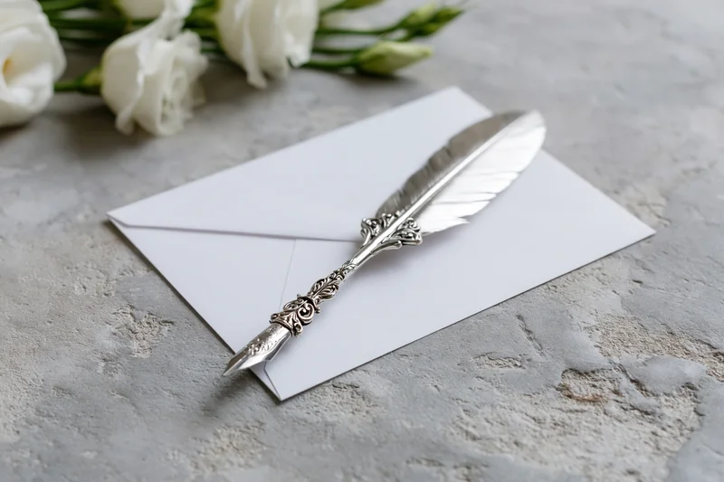 Ornate silver feather pen resting on white envelope with white roses on textured concrete surface