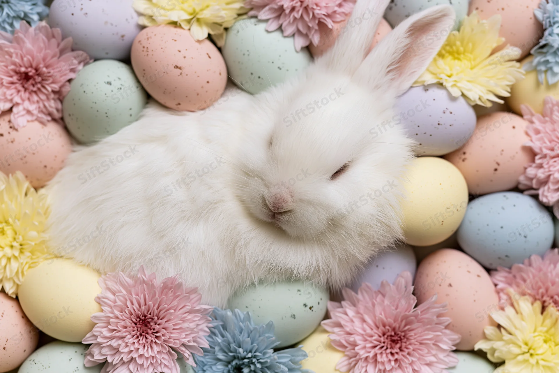 White fluffy bunny sleeping among pastel eggs and flowers in a flat lay arrangement
