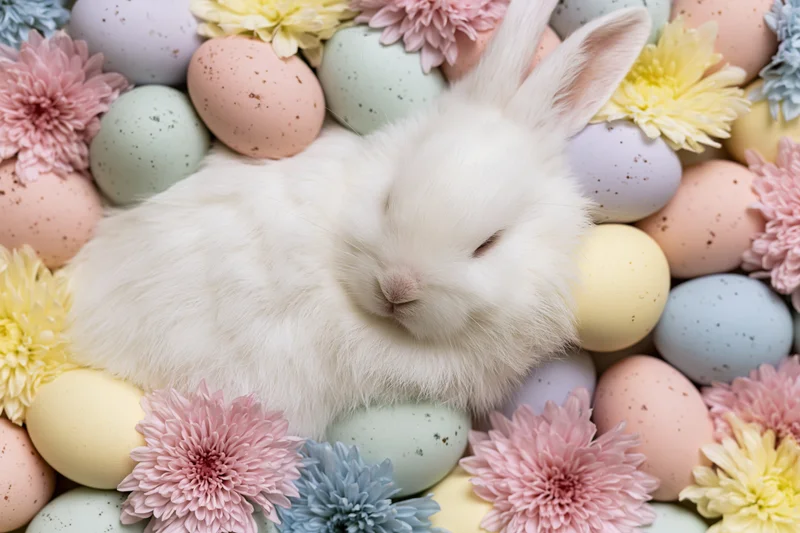White fluffy bunny sleeping among pastel eggs and flowers in a flat lay arrangement