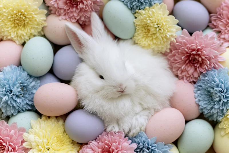 White fluffy bunny nestled among pastel eggs and colorful flowers in a flat lay arrangement