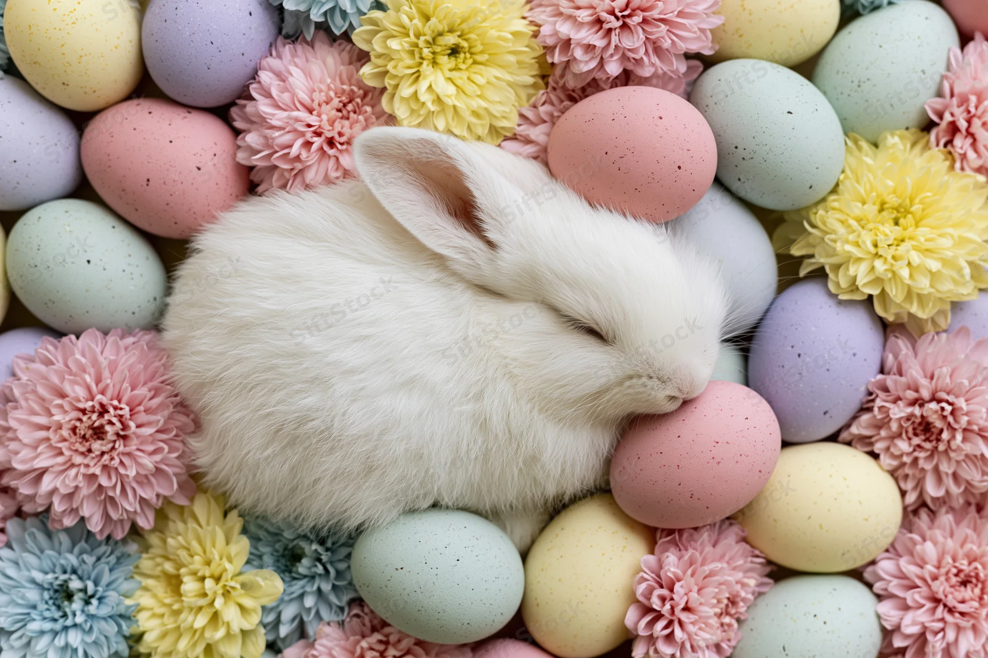 White fluffy bunny nestled among pastel eggs and flowers in a flat lay arrangement