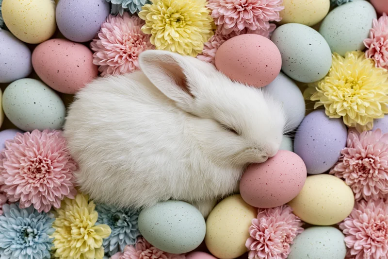 White fluffy bunny nestled among pastel eggs and flowers in a flat lay arrangement