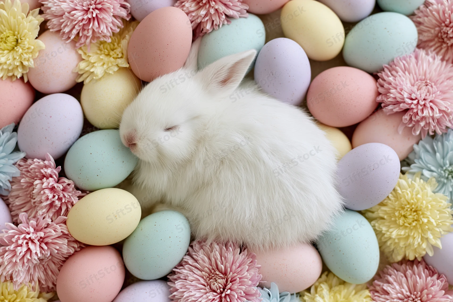 White fluffy bunny resting among pastel easter eggs and flowers in a flat lay arrangement