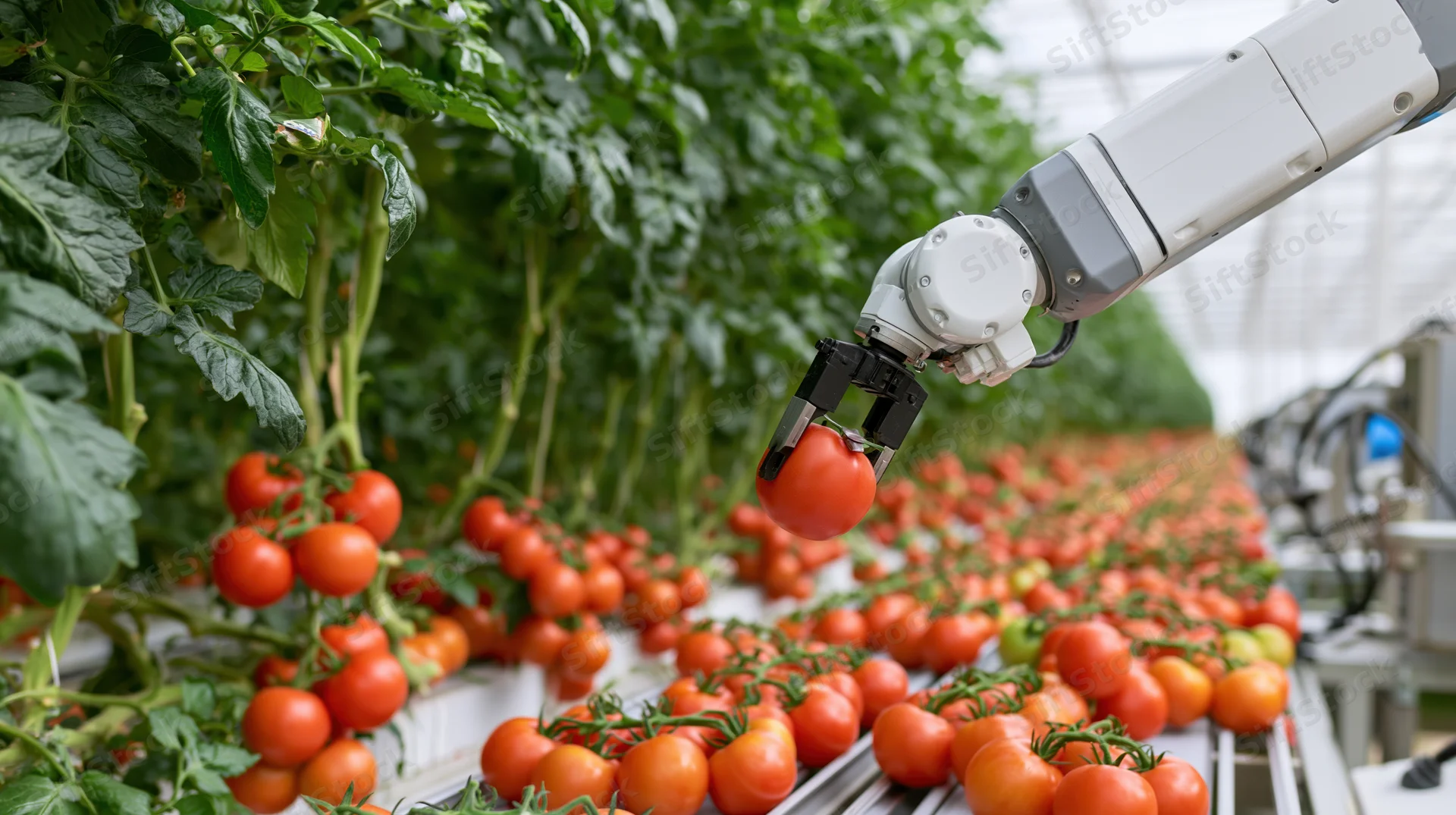 Robotic arm harvesting ripe tomatoes in a greenhouse farm