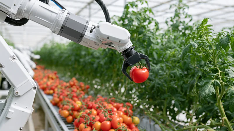 Robotic arm harvesting ripe red tomato in a greenhouse farm