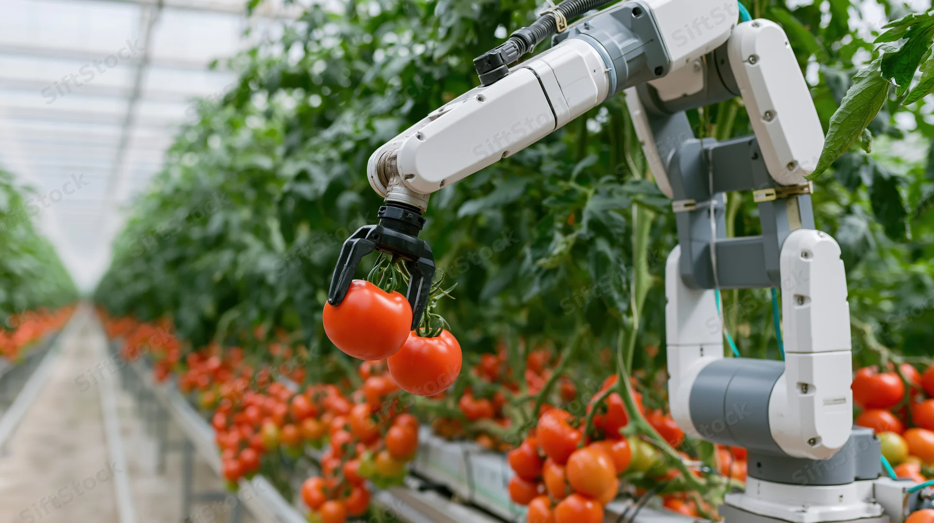 Robotic arm harvesting ripe tomatoes in a greenhouse row