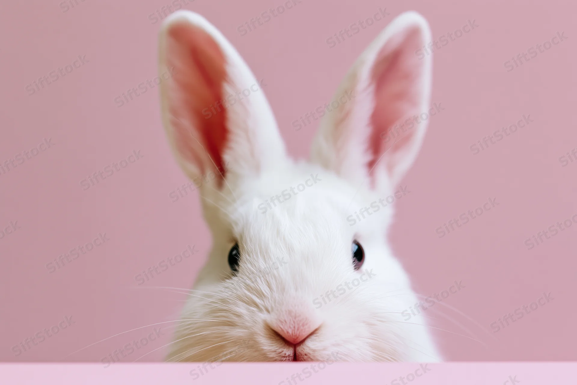White rabbit peeking up from bottom edge against pink background