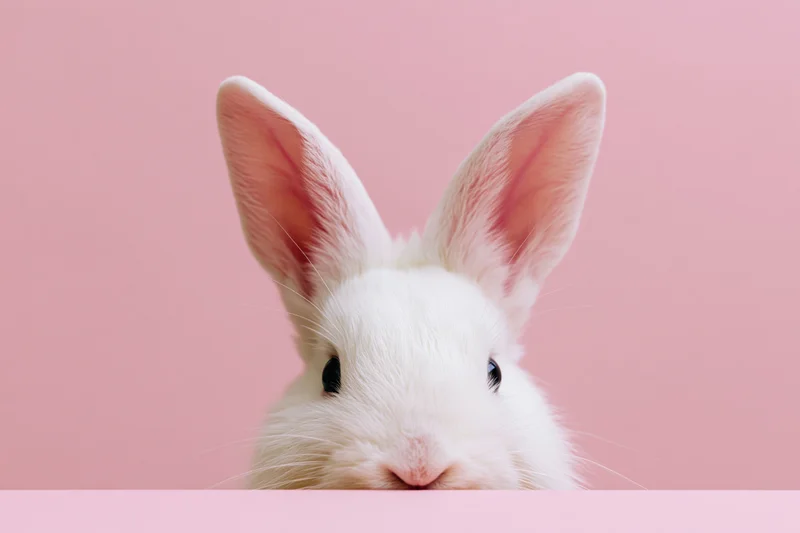 White rabbit peeking up from bottom edge against pink background
