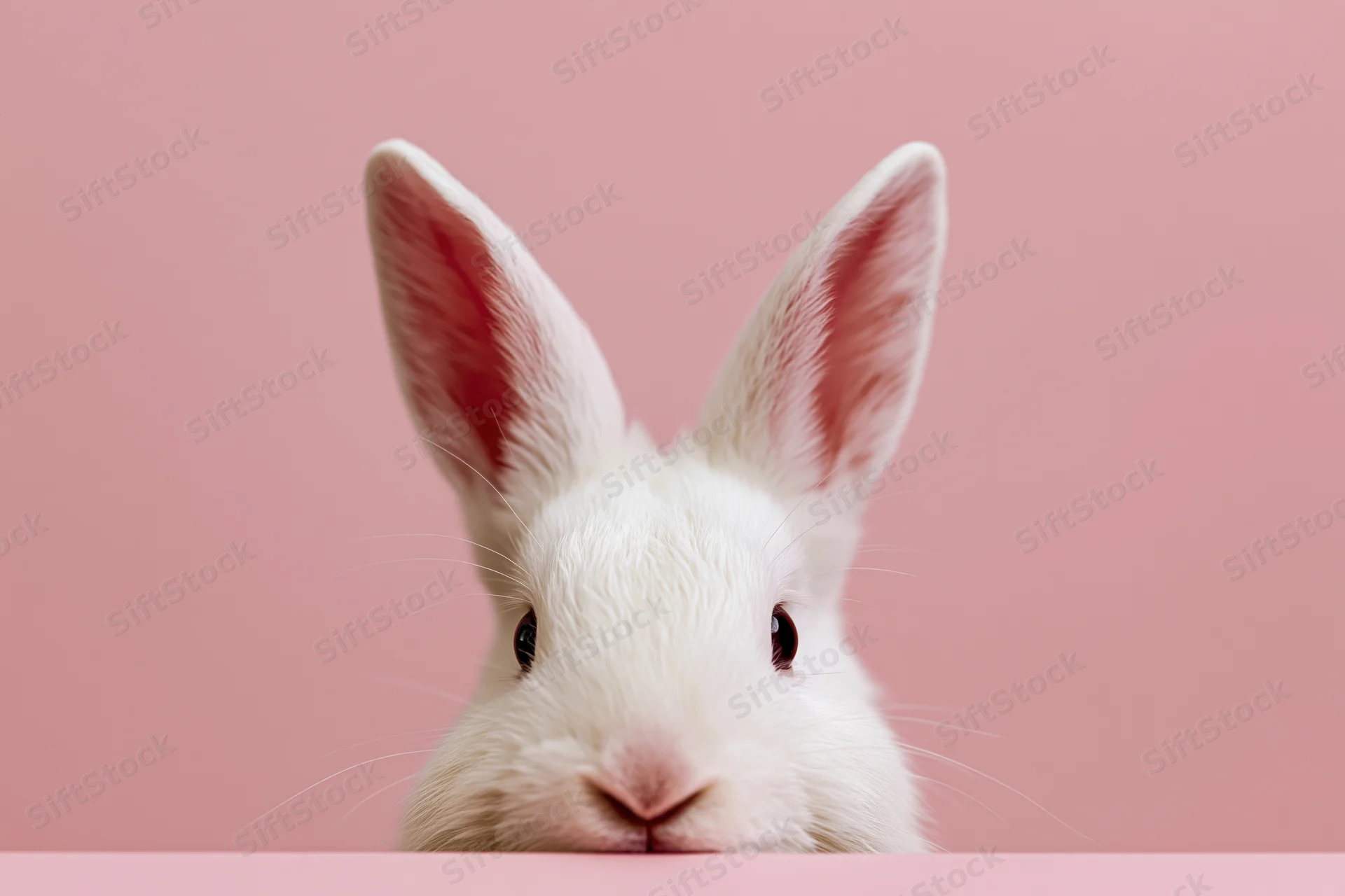 White rabbit peeking up from bottom edge of frame against pink background