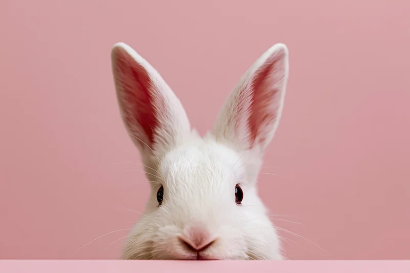 White rabbit peeking up from bottom edge of frame against pink background