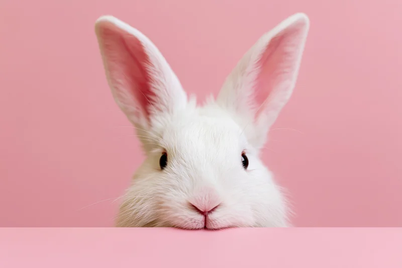 White rabbit peeking over pink surface in studio setting