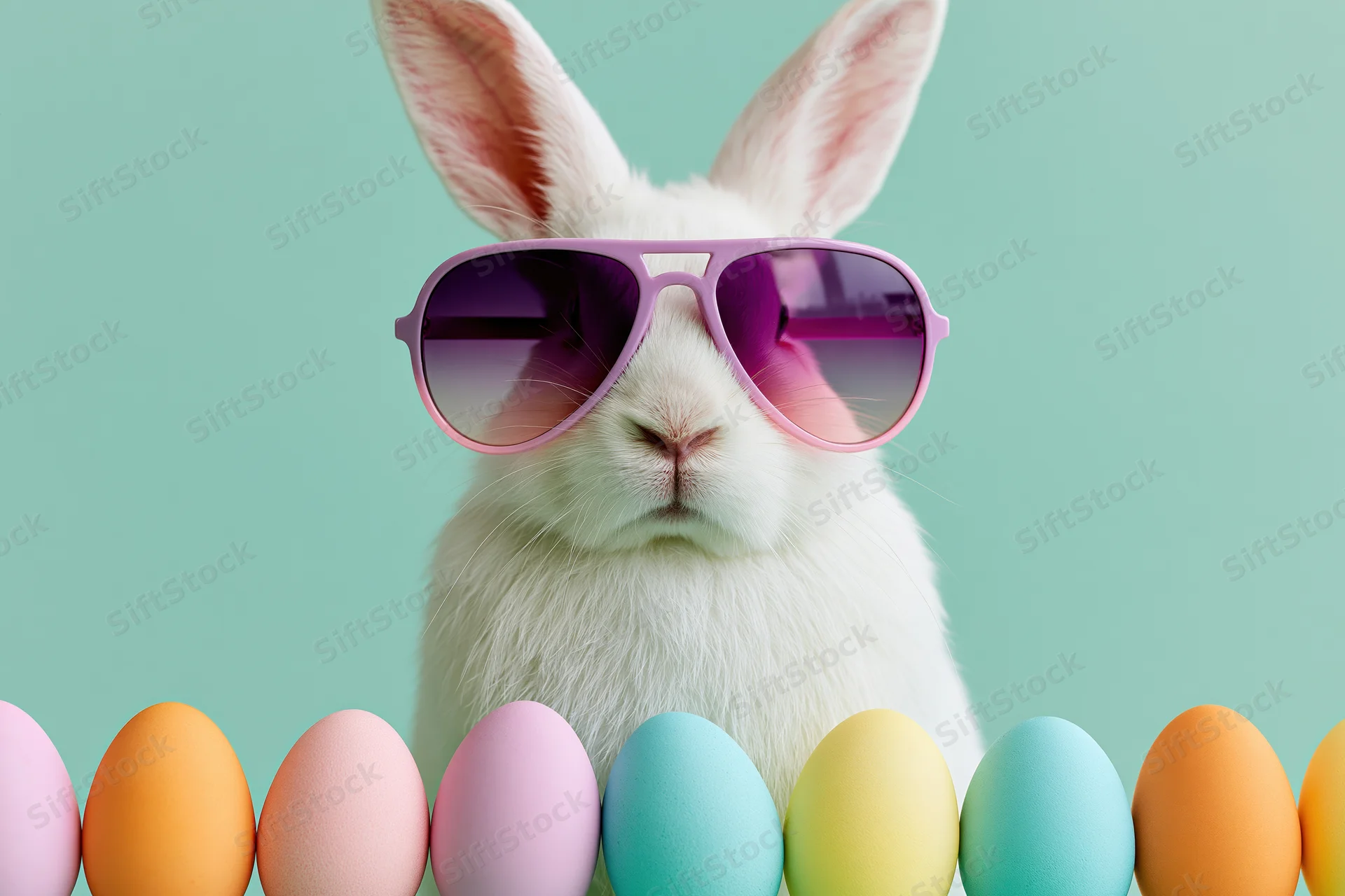 White rabbit wearing oversized purple-pink aviator sunglasses in front of a row of pastel-colored eggs against a mint green background