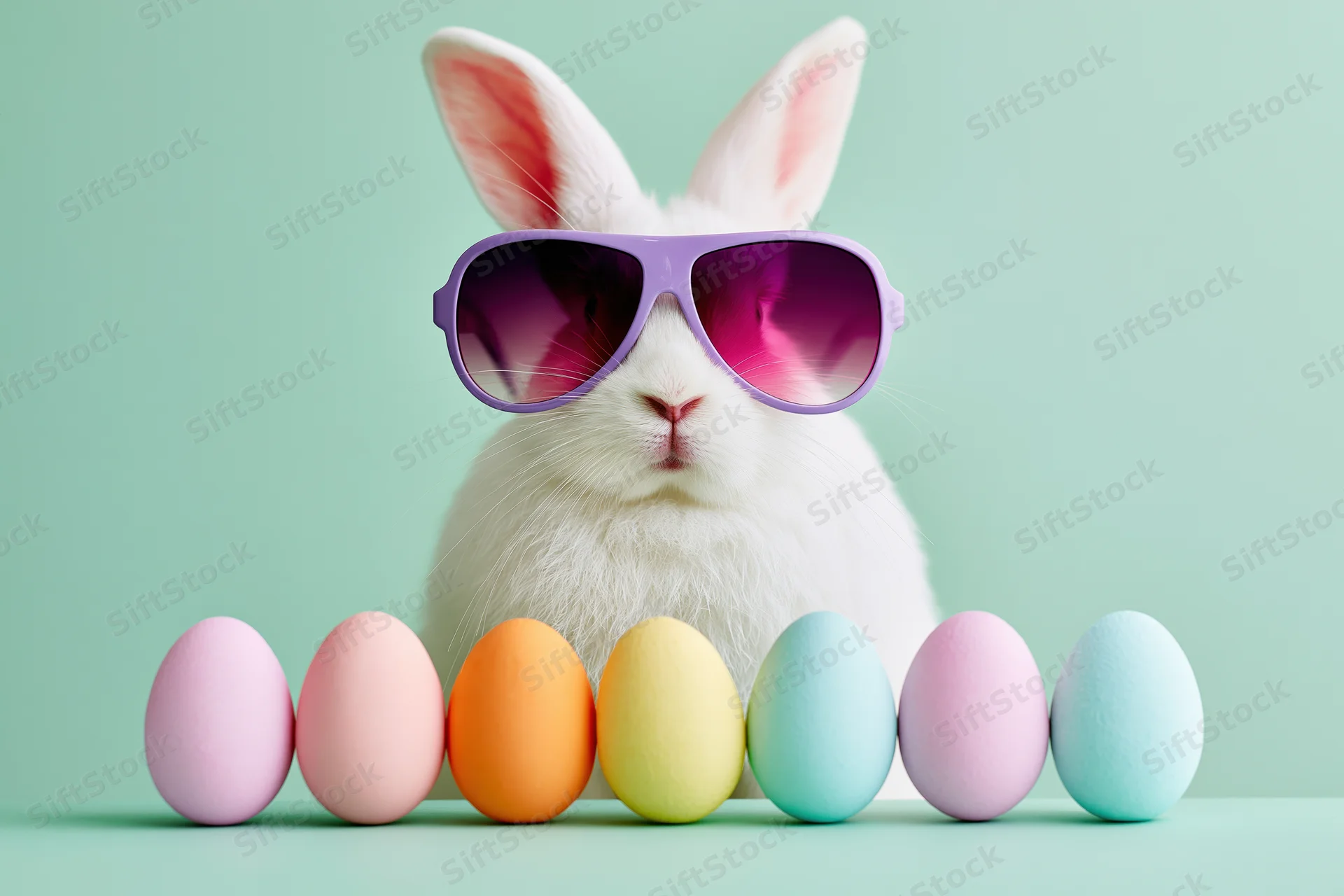 White rabbit wearing oversized purple-pink aviator sunglasses with pastel eggs in front on mint background