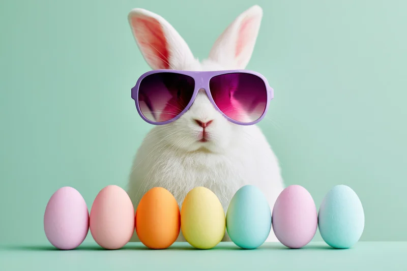 White rabbit wearing oversized purple-pink aviator sunglasses with pastel eggs in front on mint background