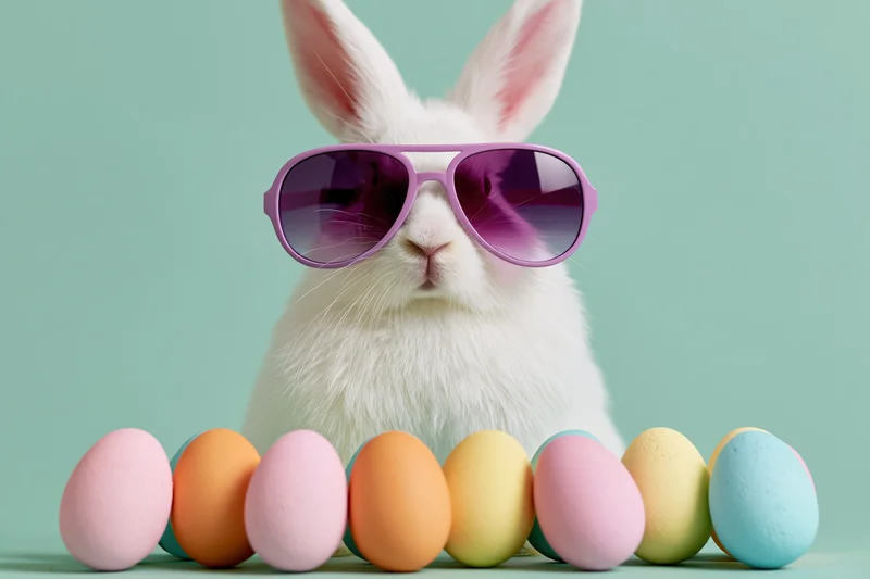 White rabbit wearing oversized purple-pink aviator sunglasses with pastel eggs in front on mint background