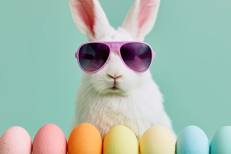 White rabbit wearing pink aviator sunglasses with colorful eggs in front against a pastel green background
