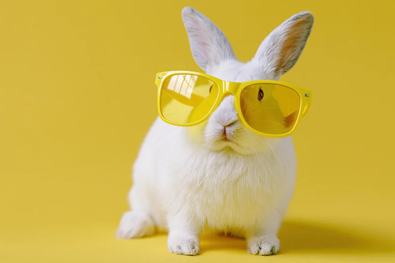 White rabbit wearing oversized yellow-tinted sunglasses sitting against a solid yellow background
