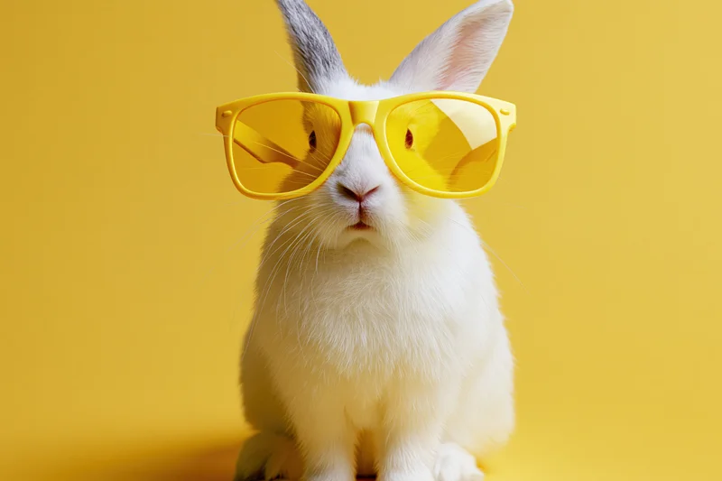 White rabbit wearing oversized yellow-tinted sunglasses sitting against a solid yellow background
