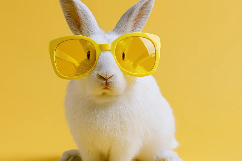 White rabbit wearing oversized yellow-tinted sunglasses sitting against a solid yellow background