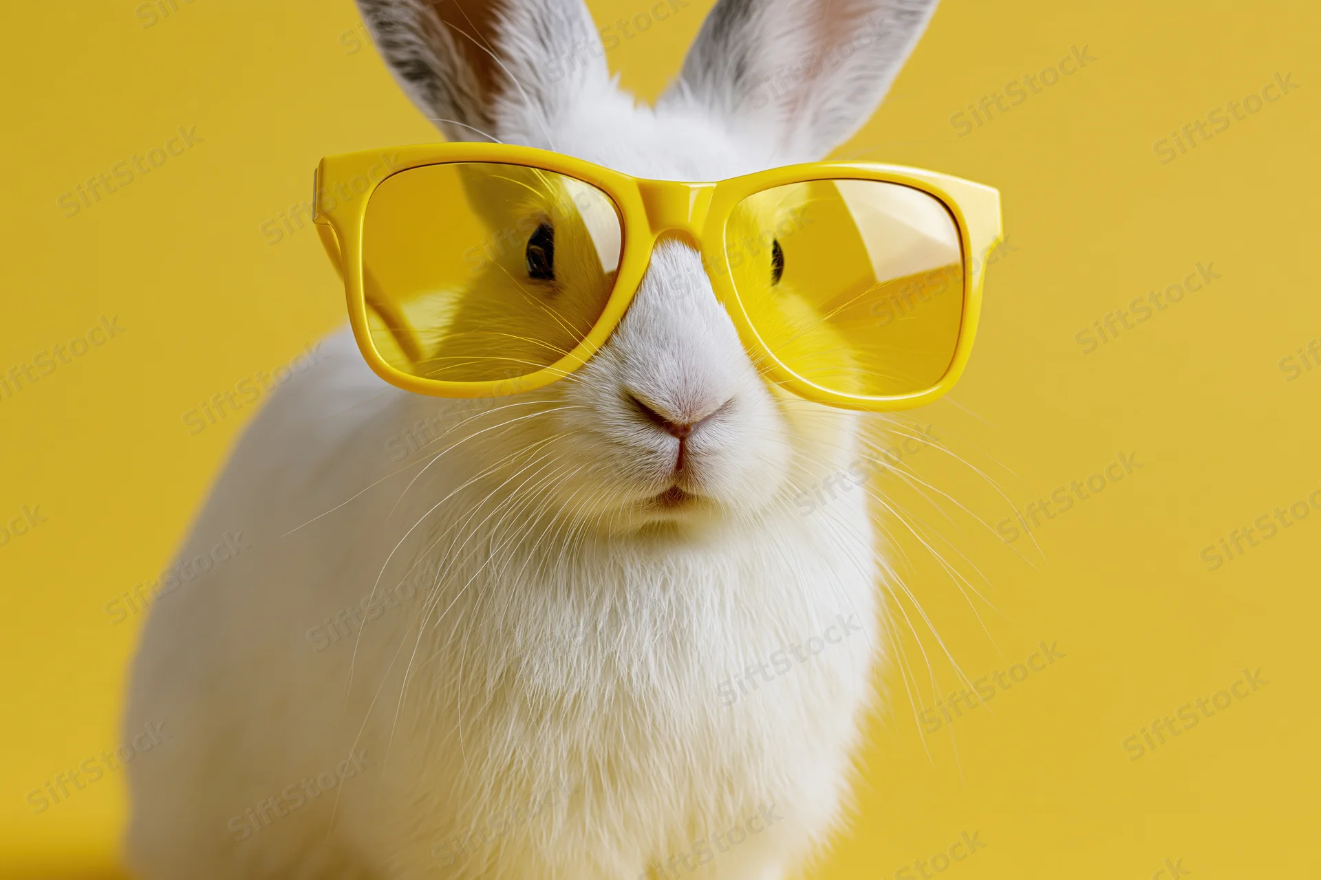 White rabbit wearing oversized yellow-tinted sunglasses in studio setting