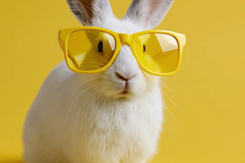 White rabbit wearing oversized yellow-tinted sunglasses in studio setting