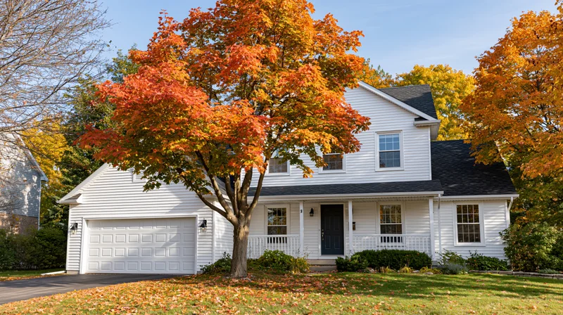 White two-story suburban house with attached garage and autumn trees in front yard