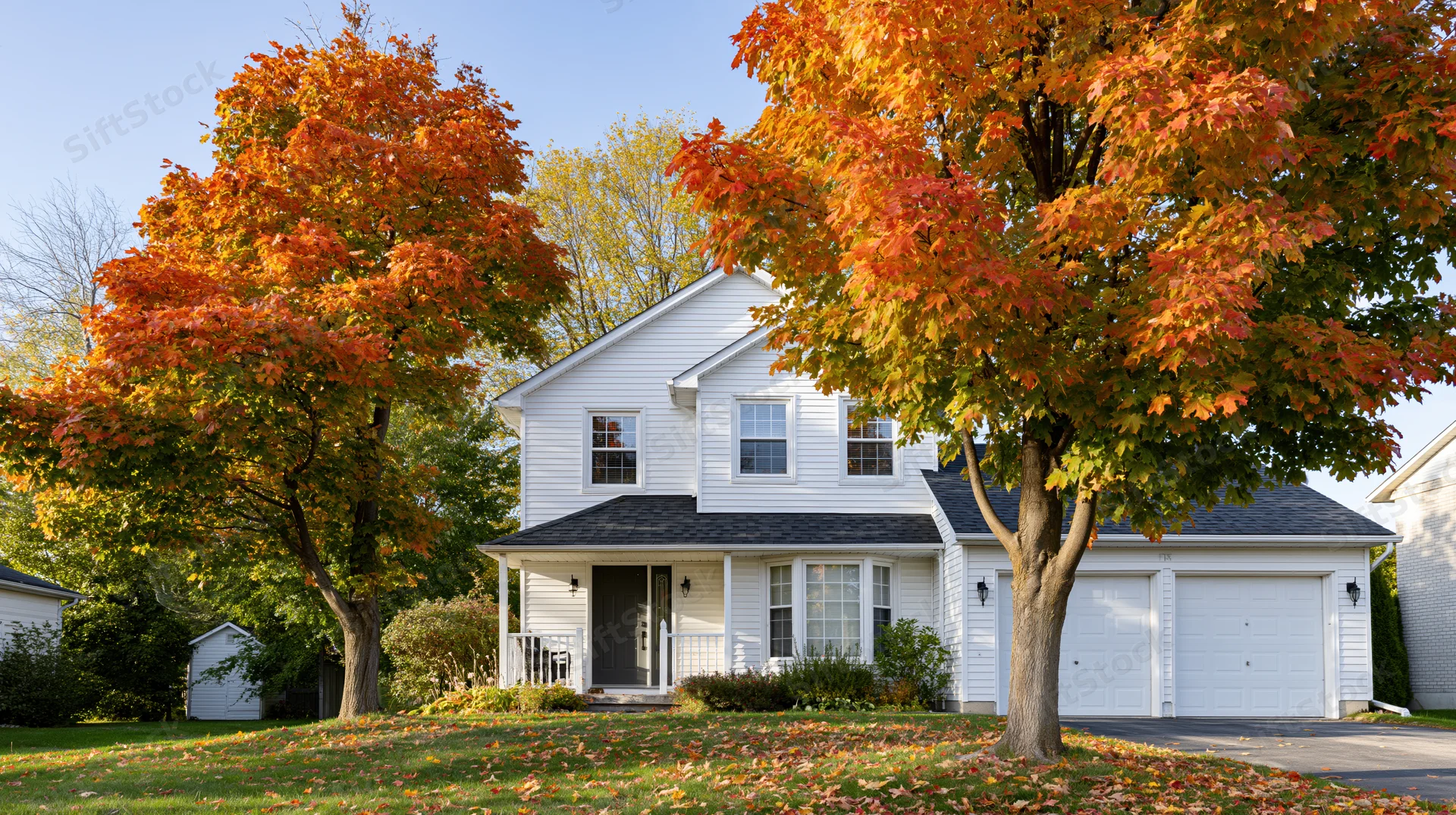White two-story suburban house with attached garage surrounded by autumn trees and fallen leaves on the lawn