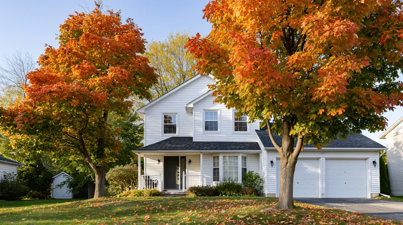 White two-story suburban house with attached garage surrounded by autumn trees and fallen leaves on the lawn