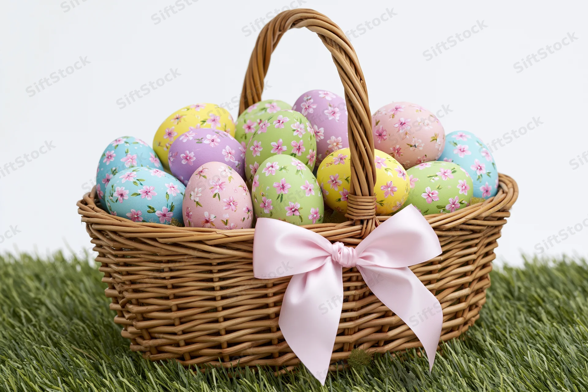 Wicker basket filled with colorful floral-patterned easter eggs on grass with pink ribbon bow