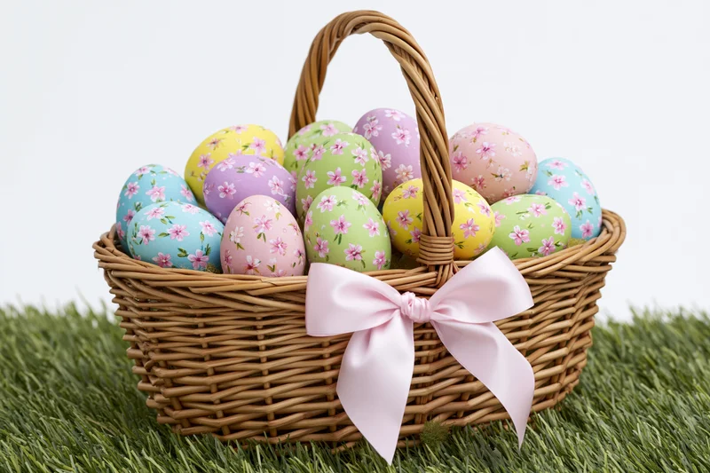 Wicker basket filled with colorful floral-patterned easter eggs on grass with pink ribbon bow