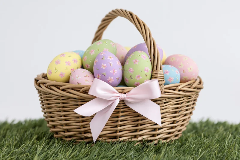 Wicker basket filled with pastel floral-painted easter eggs on green grass