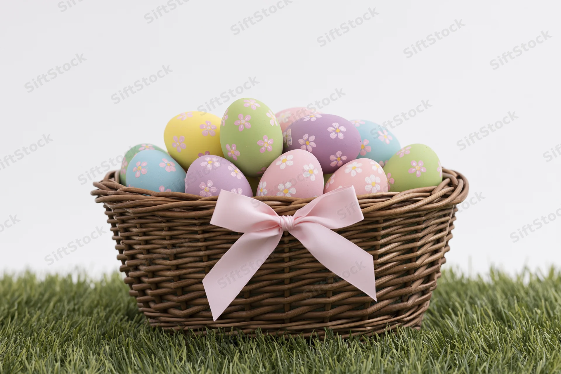 Wicker basket filled with pastel painted easter eggs decorated with floral patterns and a pink ribbon on green grass