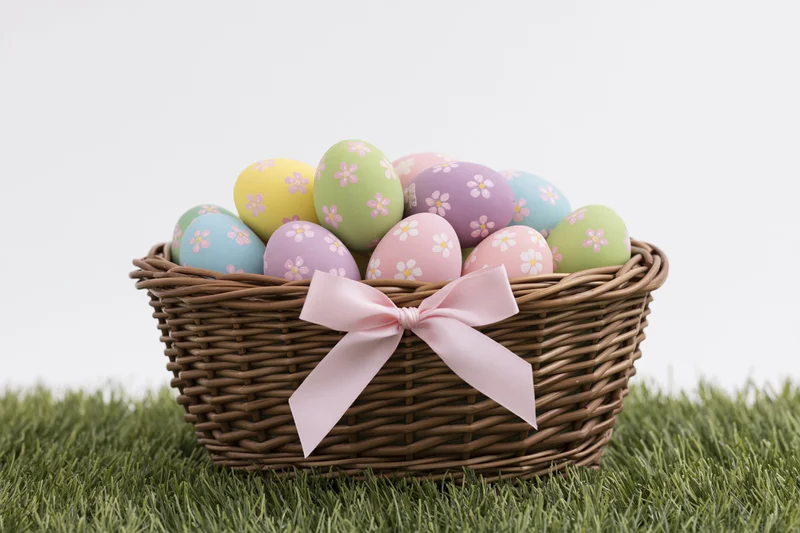 Wicker basket filled with pastel painted easter eggs decorated with floral patterns and a pink ribbon on green grass